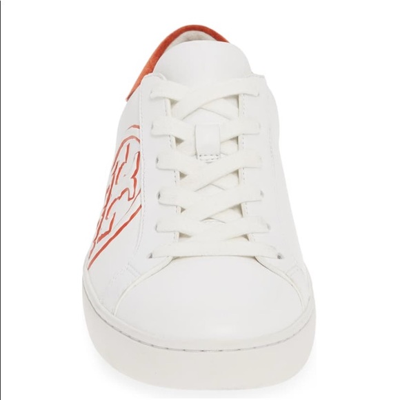 Tory Burch T-LOGO Leather Low Top Sneaker Orange - Picture 6 of 12